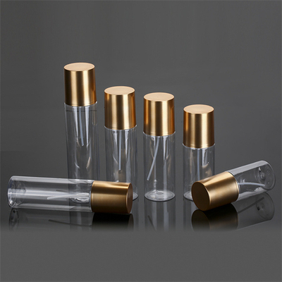 100ml 120ml 150ml 180ml 200ml 250ml Cosmetic Clear Cylinder Round Plastic PET Bottles Gold Mist Sprayer With Gold Metallic Overcaps